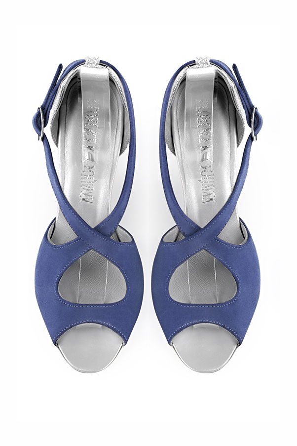 Prussian blue and light silver women's closed back sandals, with crossed straps. Round toe. High kitten heels. Top view - Florence KOOIJMAN